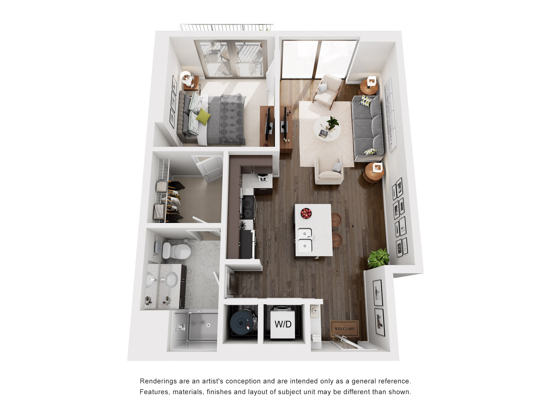 Floor plan for 1 bed, 1 bath, 692 sqft